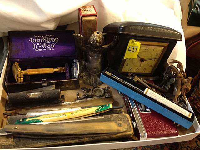 Vintage Estate Lot: Vintage Estate Lot; Straight Shaving knives, great strait razers, vintage razor "Valet Auto-Strap Safety Razor, miniture pieces from early board game, pair of opera glasses, travel clock , vintage ske