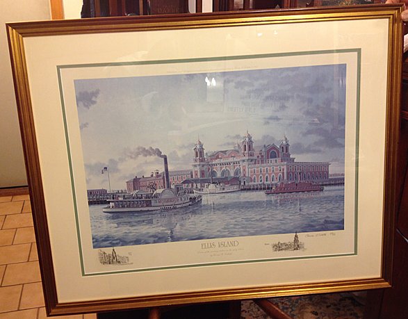 Ellis Island Signed Limited Edition Print: Ellis Island Signed Limited Edition Print. Limited edition of 750 of painting by Thomas R. Colletta, signed and numbered by Thomas R. Colletta. Measures approx. 33" wide x 26" high. professionally fra