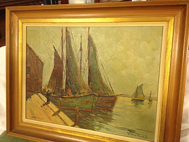 Painting on Board by William Ward, Jr.: Painting on board of sailing ships at dock, William Ward, Jr., artist. Came from Chatham, Cape Cod, MA estate. Measures 19 1/2" x 15 1/2" frame size. Professionally framed by Creative Picture Framing,