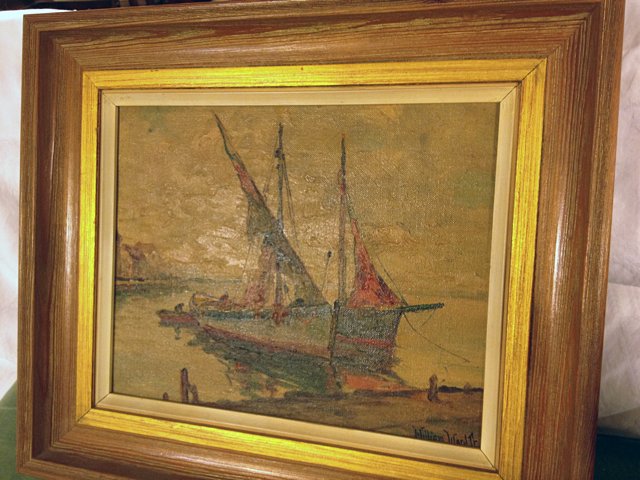 Painting on Board by William Ward, Jr.: Painting on board of sailing ships at dock, William Ward, Jr., artist. Came from Chatham, Cape Cod, MA estate. Measures 14" x 12" frame size. Professionally framed by Creative Picture Framing, Robert