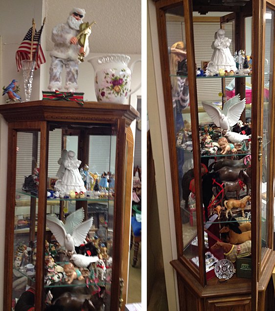 St. Jude Item: Christmas Estate Lot: To Benefit St. Jude Children's Research Hospital; Christmas Estate Lot includes approx. 53 pieces; Musical Fiddle playing Santa with Sunglasses, blue bird figurines, pressed glass bud vase with Americ