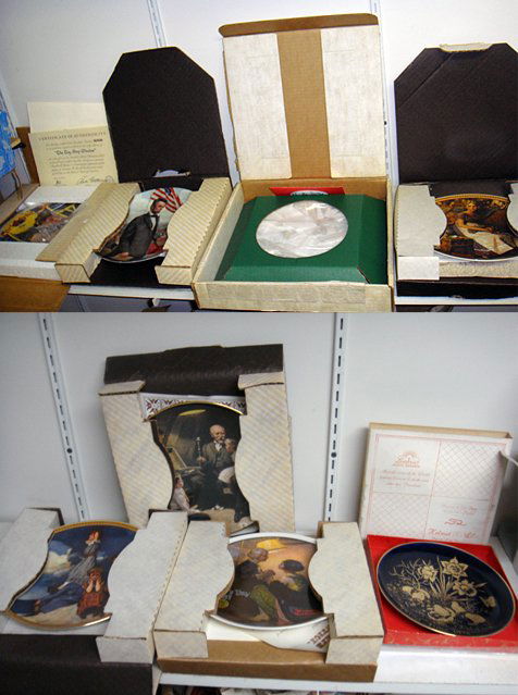 St. Jude Item: 8 Collectors Plates: To Benefit St. Jude Children's Research Hospital; 8 Collector's Plates including Norman Rockwell with Christmas Plates, Abraham Lincoln, Russian Sleigh scene, Spring Flowers in Gold, Duck Pond collect