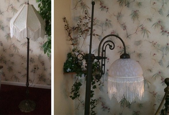 2 Floor Lamps: 2 Floor lamps with Art Nouveau style lamp shades. 1 lamp has arched swing arm with beautiful cyrstal fringed shade, the other lamp is straight standing with fringed shade. Both in beautiful condition.