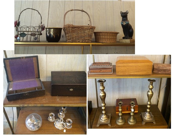 Estate Lot: 2 cigar humidors, antique laptop writing desk box, 3 other little lift top boxes, one with inlay and temple carvings, 2 pairs of brass candle holders, one is large size, baskets and decorative Egyptia