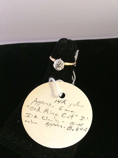 Estate 14kt Gold Solitaire Diamond Ring: Estate 14kt Gold Solitaire Diamond Ring. Approx. 6mm "Old Mine Cut" I1-I2 Clarity; G-H Color. Approx. 0.80cts. This ring came from estate's safety deposit box contents.