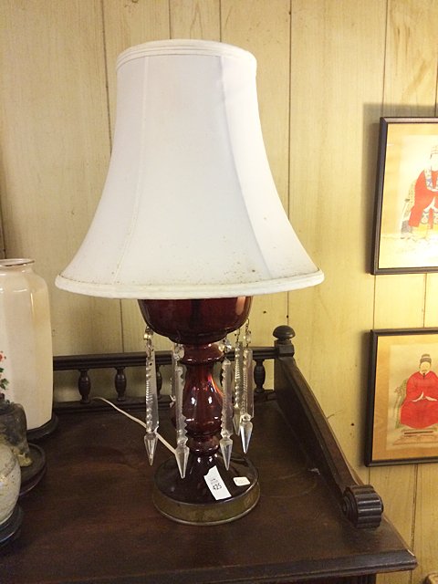 Victorian Mantle Luster Lamp: Well over 100 years old, Mantle Luster Victorian era, has been made into a lamp. Ruby very nice with all the cut glass prisms matching. This item may be picked up in Torrington, CT. Appointment time w