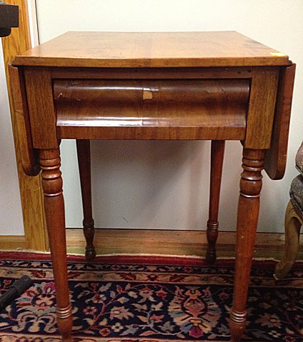 Early Antique Drop Leaf One Drawer Sewing or End Table: Early Antique Drop Leaf One Drawer Sewing Table or End Table in really nice condition. Has nice OG Shaped drawer, turned leg, probably New York Maker. Measures 28" tall x 37" wide (with leaves open) x
