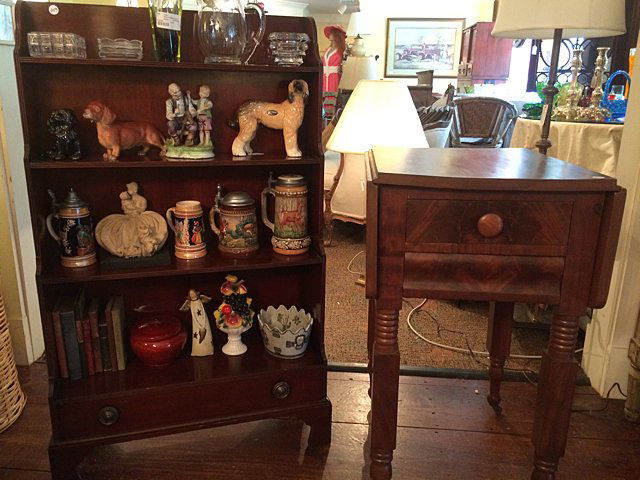 Crotch Mahogany Side Table and Book Case: Crotch Mahogany Drop Leaf Side Table and Mahogany 4 Shelf book case with bottom drawer. Side table was owned by the founder of J.C. Penney. Very nice crotch mahogany single drawer front with turned le