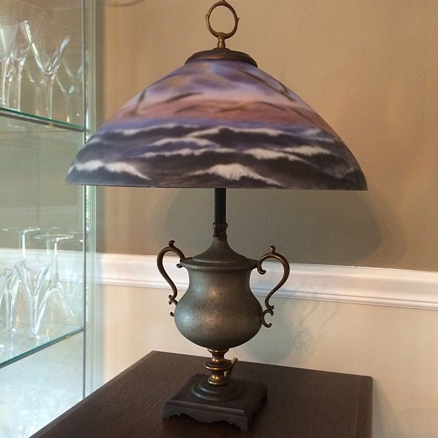 Seagull Reverse Painted Table Lamp: Reverse painted table lamp, very unusual, has seagulls on the shade, the base is possibly could be a Bradley and Hubbard (B&H) or Pairpoint. Shade is a decorative shade, very unusual to have seagulls.