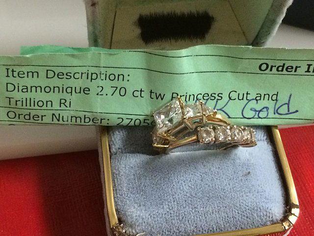 2 14kt Gold Simulated Diamond Rings: 2 14kt Gold Simulated Diamond Rings; Princess cut and Trillion Ri., Diamonique 2.70 ct tw