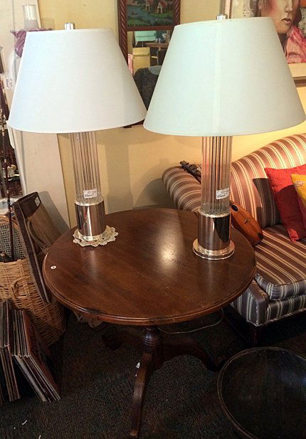 Ethan Allen Table & Ralph Lauren Lamps: Ethan Allen Round pedestal table, walnut, pair of Ralph Lauren chrome and crystal lamps