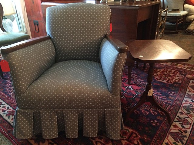 Slipper Chair with Hitchcock side table: Mahogany Slipper Chair, upholstered with a Hitchcock side table.