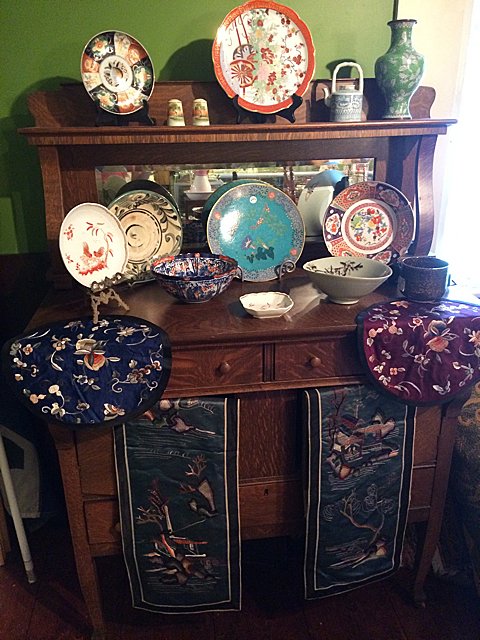 Asain Treasure Lot: Asian porcelain, Cloisonne, and Asian Silks. Includes Nippon salt and pepper, Imari, Richard Jinori, Brewster nut dish and plate, 1800's vase and cloissonne morning glory platter.