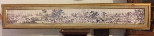 Long Oriental Print: One Hundred Horses, by Lang Shih-ning (Giuseppe Castiglione, 1688-1766), Ch'ing dynasty (1644-1911). Print of original, framed and matted. Measures approx 87" long x 15 1/2" wide.