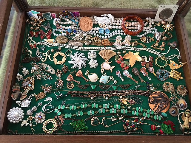 Jewelry Treasure Trove: Jewelry Treasure Trove includes 14kt gold ladies bring, 14kt gold bracelet with hear, nice vintage violin pins, Vintage ring, possibly silver, from 1940's, nice butterfly pins and other pins and neckl