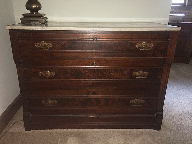 Marble Top Bureau: Very nice white Italian marble top dresser with original finish with burl and brass hardware. Measures approx. 41 1/2" long x 30 1/2" tall x 19 1/2" deep. Absolutely beautiful condition.