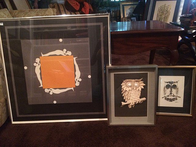 3 Pieces of Modern Art: Ernest Trova print, and 2 owls (one is paper and the other is made of watch parts. Print measures 27" high.