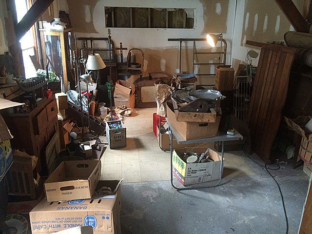 Room Full of Treasures: Discovery lot, room full of treasures yet to be discovered! Oak arts and crafts china cabinet, appears to be complete. Brass bed, nice country headboard and matching foot board with Fluer de Lis patte