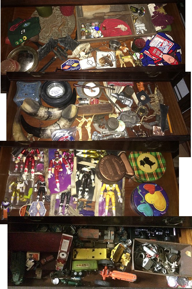 Treasure Trove of 4 Filled Drawers: Treasure Trove of 4 Filled Drawers; includes Power Rangers, marbles, lead toy molds, figurines, vintage toy cards, power horns, locks, girl scout banner, Budweiser stickers, tins, and many other treas