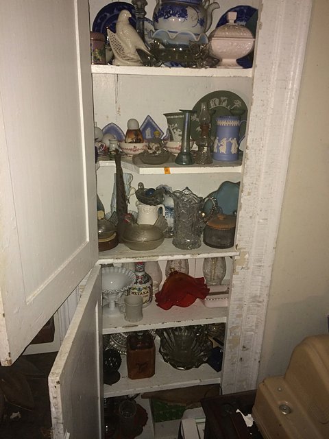 Treasure Trove: Treasure Trove Lot includes Wedgewood Jasperwear, Sadler tea sets, many Hallmark Keepsake Ornaments including Harley Davidson Shop in original boxes, Flow Blue, decanters, Milk Glass, pressed glass, e