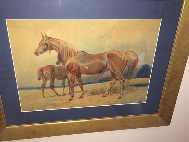 Horse Watercolor: Watercolor Horse Painting, Arabian Sorrel Mare with foal. Dated 1840. Professionally framed and matted. Owners original paid $750 for this painting many years ago.