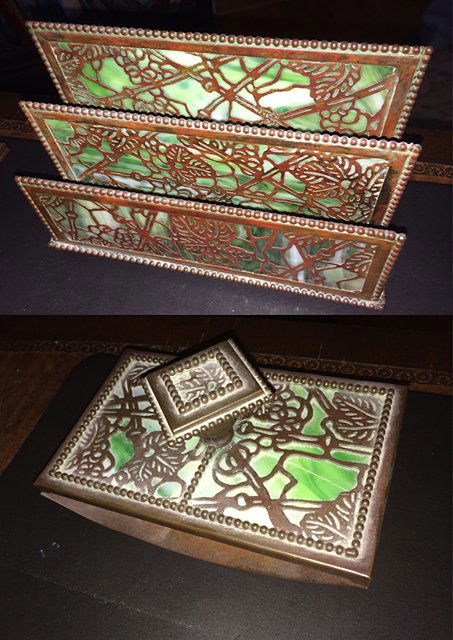 Riviere Studios Desk Set: Riviere Studios Bronze and Green Slag Glass Desk Set in the Manner of Tiffany Studios with openwork leaves and beaded lattice work. Desk box measures 3" x 5" x 2".