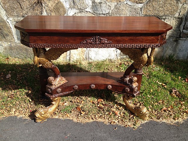Mahogany Decorative Pier Table: Beautiful Mahogany Decorative Pier Table very ornate decorative pier table with fully carved gold gilted swans on either corner supported by dolphins at the base (also gold gilted), has winged Gabriel
