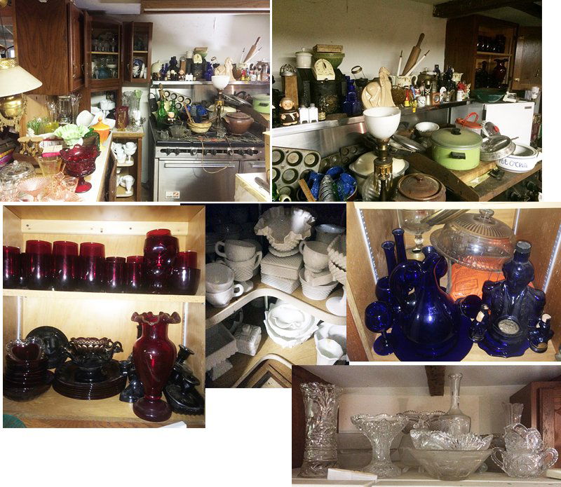 Huge Treasure Trove Lot: Huge Discovery Treasure Trove includes cabinets and counter tops full, full, full! Hundreds of items including collections of Milk, Ruby, Cobalt, and Pressed Glass. Many Westmoreland Glass pieces, kit