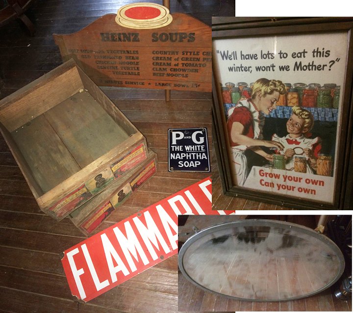 Vintage Advertising Lot: Vintage Advertising Lot includes 2 Wooden Small Black Carignane Grape Boxes, P and G Soap tin sign and Heinz Soups early restaurant sign, plus flammable sign. Also included is a vintage Grow your own 