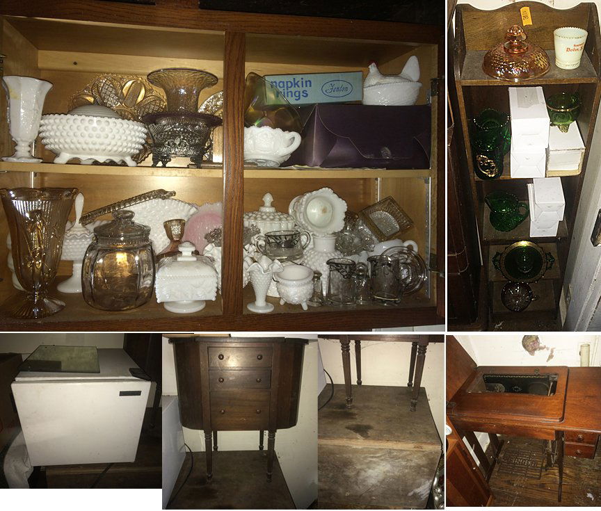 Treasure Trove Lot: Treasure Trove Lot includes Westmoreland glass, milk glass, vases, bowls, deep green glass collection with gold trim, sewing stand, sewing machine table with Singer sewing maching, drop leaf table, an
