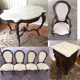 Victorian Rosewood Table, Chairs, Commode