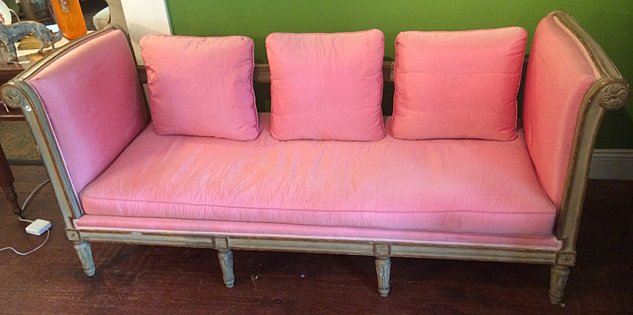 French Silk Day Bed Settee: French Silk Day Bed Settee. Deep seats, Shantung silk, rosette carvings and gold trim throughout. Measures approx. 75" length x 33 high x 29" deep.
