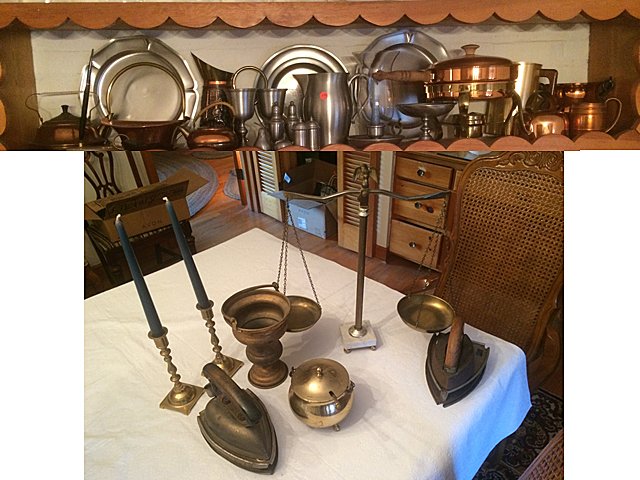 Treasure Trove Lot: Nice lot of copper include tea pots, chafing dish, pitchers, pewter plates, candle holders, pitchers, goblets, salt and pepper sets, and brass items including scales, candle sticks, etc. Plus 2 antiqu