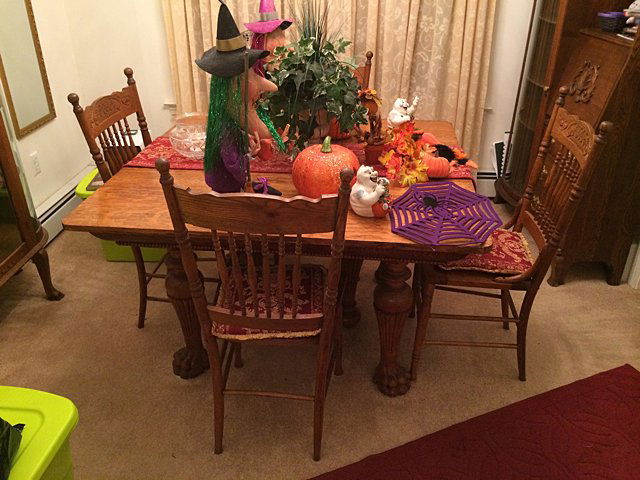 Matching Oak Table and Chairs: Beautiful oak square table with claw feet, 4 matching press back chairs, all original in very nice condition. Beautiful set. Owners paid for $1,000 when purchased.