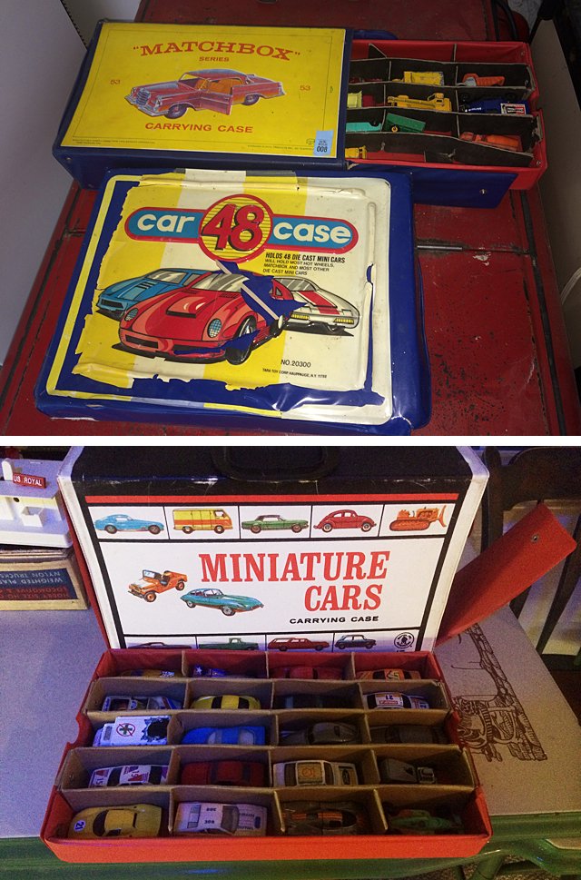 Match Box and Car 48 Cases and Cars: Vintage Matchbox Toy Cars in Matchbox Carrying Case and Car 48 case with additional cast iron vintage cars. Additional Miniature Cars carrying case filled with cars!