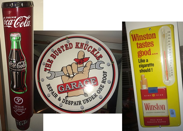 Advertising Collectibles: Winston Thermometer, Coca-Cola cup dispenser, Busted Knuckle Garage sign