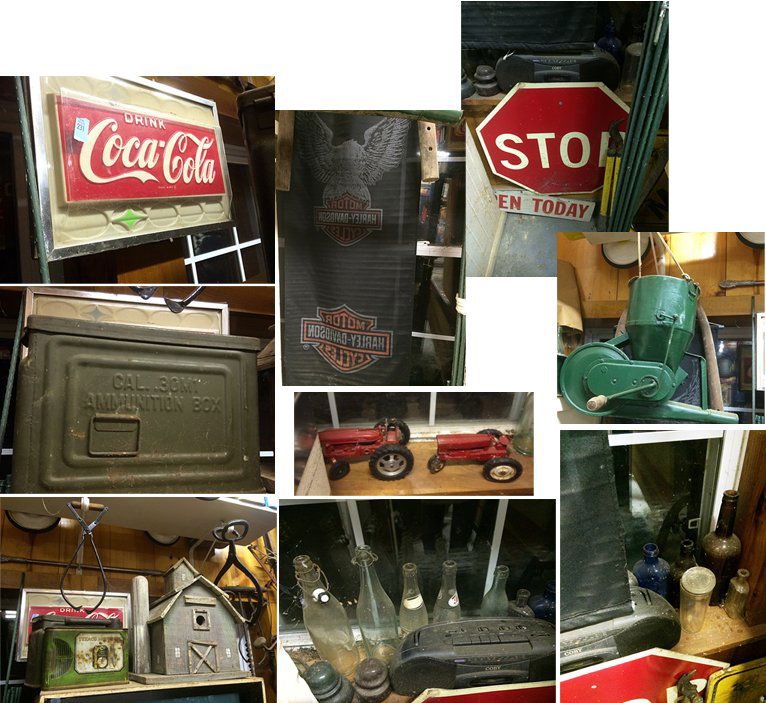 Vintage Collectibles: Coca-Cola Sign, Texaco motor oil can, bird house in shape of barn with silo, Knights of Columbus sword, vintage ice tongs, large auger, stop sign, Pepsi cola bottles, milk bottles, glass insulators, e