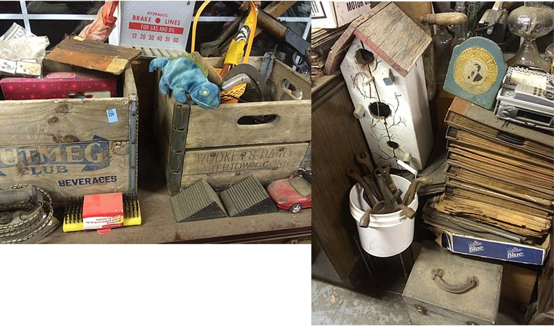 Vintage Crates Discovery Lot: 2 Vintage wooden crates, Wookey's Dairy, Watertown, Ct. and Drink Nutmeg Club Beverages, vintage hand tools including sicles and wrenches, collectibles Coca-Cola items and bottles, early phonograph re