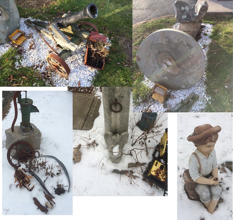Vintage Outdoor Collectibles: Vintage outdoor collectibles include cannon, grinding wheel, vintage toys used as farm décor, well pump, metal wheel, angel statue, and fisherman boy statue.