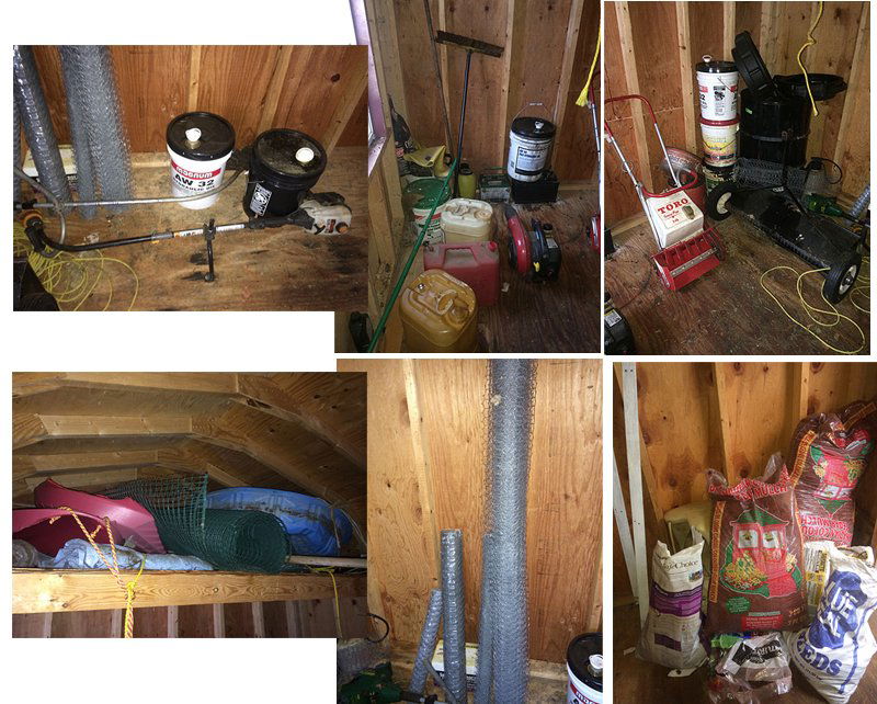 Shed Contents Lot: Shed contents include power trimmers, leaf blower, snow blower, fencing, mulch, selds, etc.