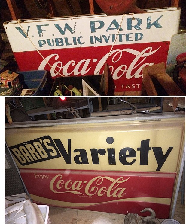 2 Coca-Cola Signs: 2 Coca-Cola Signs; V.F.W. Park double sided hanging sign and Barb's Variety Coca-Cola Sign.