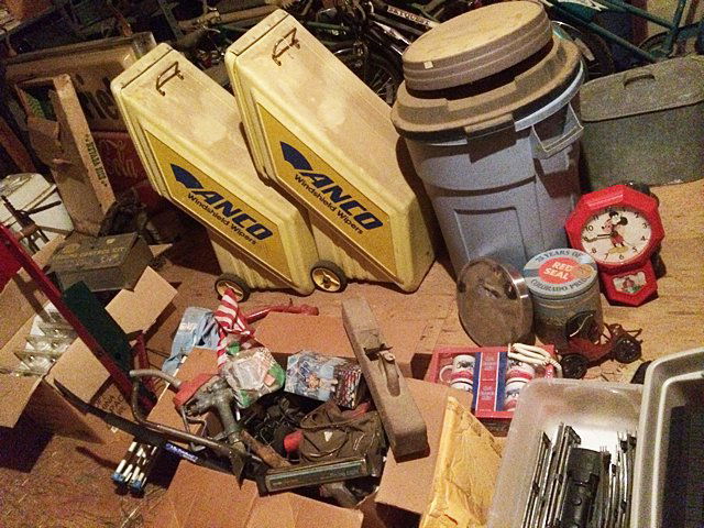 Vintage Collectibles Lot: Vintage collectibles including Mickey Mouse Wall Clock, lantern, antique car wall plaques, mugs, pump, Simplex wall clock, Disney folding chair, Volume Control Kit sign, 2 Anco Windshield Wipers displ