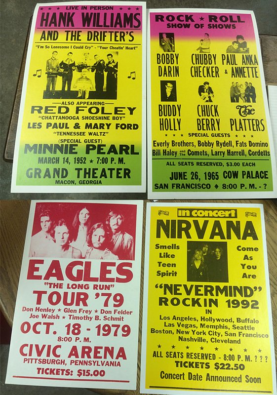 Rock N Roll Posters: 4 Rock N Roll posters/flyers; heavy card stock including hank Williams, Red Foley, Les Paul & Mary Ford, Minnie Pearl at the Grand Theater, Macon, Georgia; Boby Darin, Chubby Check, Paul Anka and Anne