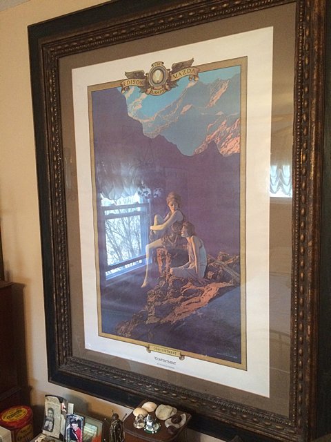 Maxfield Parrish - Contentment - Edison Mazda Lamps: Vintage Maxfield Parrish - Contentment, framed and matted, The Edison Mazda Lamps, c. 1928.