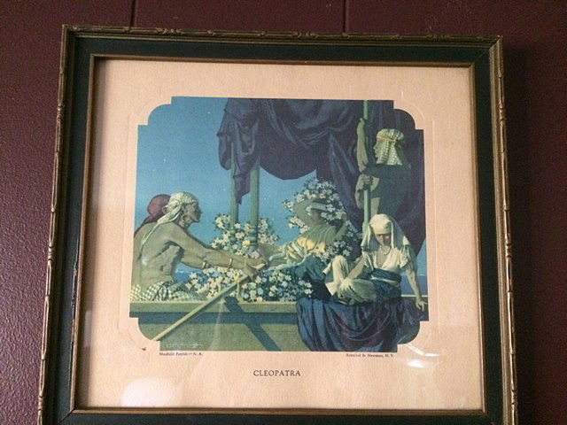Vintage Maxfield Parrish - Cleopatra: Vintage Maxfield Parrish - Cleopatra lithgraph print with frame. Dimensions including frame 10 1/4" x 11 1/4". Family has 1999 appraisal for $375.00