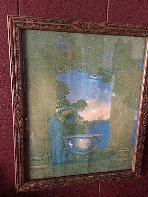 Vintage Maxfield Parrish - Magician: Vintage Maxfield Parrish - Magician lithograph print with frame. Dimensions with frame 12" x 10 1/4". C. 1908 P.F. Collier and Son. Family has 1999 appraisal for $325.00