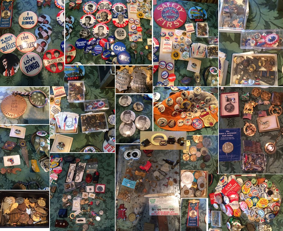 Pin Memorabilia Collection: Vintage memorabilia collection includes Beatles and rock 'n roll pins, political pins including John F. Kennedy, Lyndon B. Johnson, Goldwater, Nixon, and more. Boxes of additional pins, key chains, co