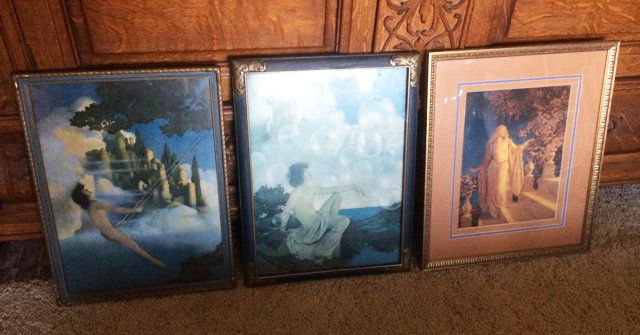 Vintage Maxfield Parrish Lithographs: Vintage Maxfield Parrish lithograph prints including Air Castles, measures 16 1/2" x 12 1/2", Dinky Bird, measures 16" x 12", and Enchantment, measures approx. 16" x 12". 3 total. Family has 1999 appr
