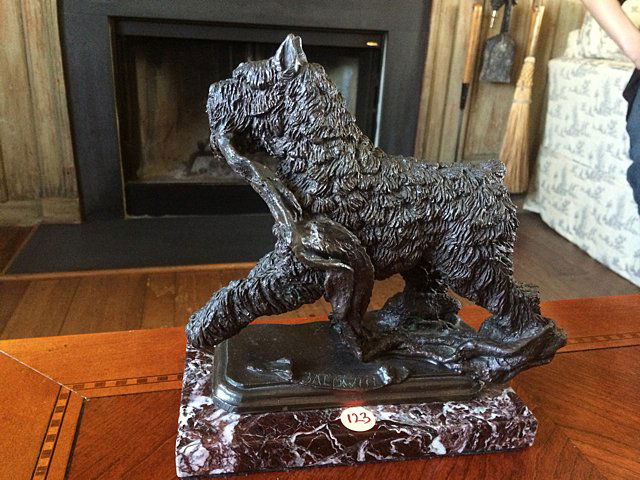 Bronze Bouvier Dog Statue: Bronze Bouvier Dog Statue on marble base by Christine Baldwin. Numbered 3 of 50. Measures approx. 9" high x 8" wide x 4 1/2" deep.