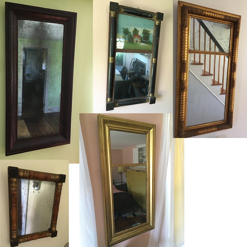 5 Antique Mirrors: 5 antique mirrors including reverse painted glass mirror, gold gilt, federal mirror, and small mirror with original finish, nice patina, looks to be original mirror glass on each. This lot is from a 1